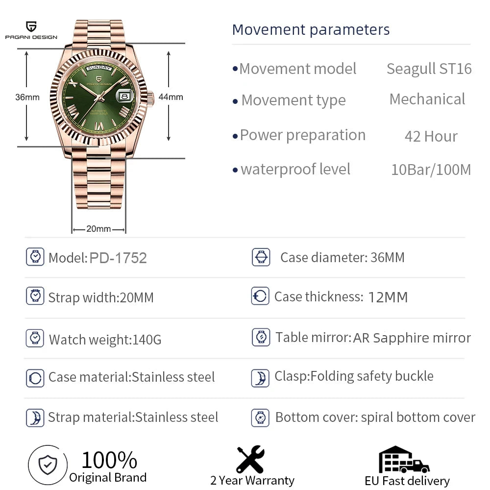 Nouvelle montre mécanique de luxe pour homme PAGANI DESIGN DD36 en or rose 2026, montre automatique avec date, montres pour homme avec verre saphir AR, livraison locale