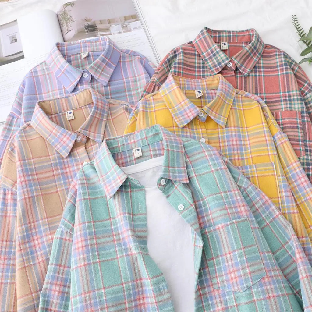 2025 nouvelle mode lâche femmes chemise à carreaux frais collège Style Design Blouses et hauts à manches longues décontracté femme à carreaux vêtements