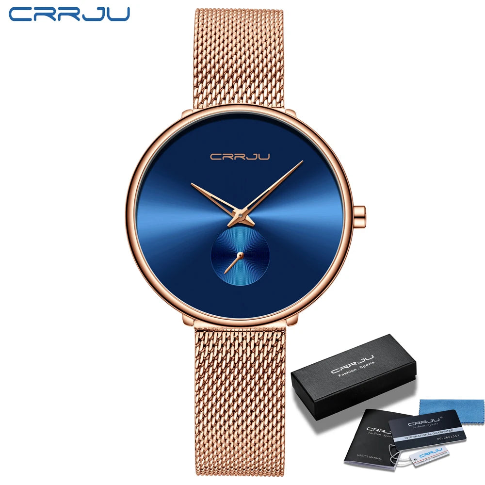 Montres pour femmes CRRJU, montre élégante ultra-fine pour femmes, cadeau pour dames, montre-bracelet argentée, montre à quartz étanche, montre femme