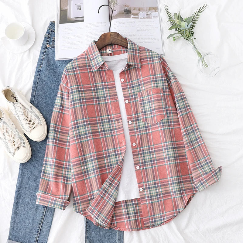 2025 nouvelle mode lâche femmes chemise à carreaux frais collège Style Design Blouses et hauts à manches longues décontracté femme à carreaux vêtements