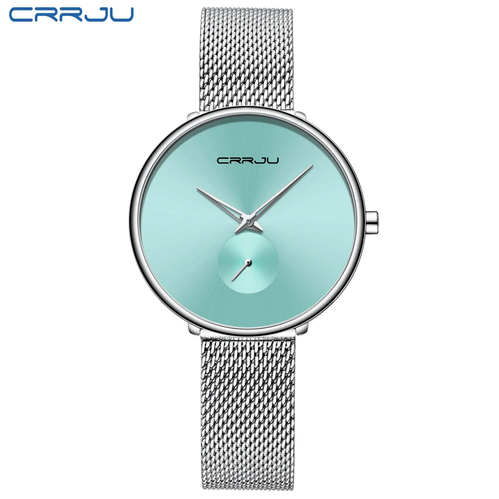 Montres pour femmes CRRJU, montre élégante ultra-fine pour femmes, cadeau pour dames, montre-bracelet argentée, montre à quartz étanche, montre femme