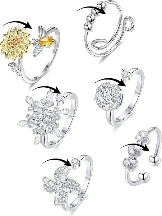 6Pcs Fidget Anxiety Spinner Ring Adjustable Open Ring Cubic Zirconia Windmill Bead Stress Relief Stackable Rings Silver Tone