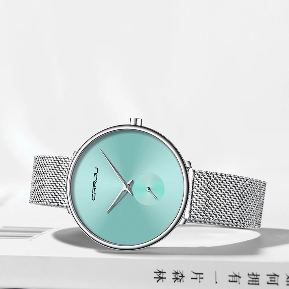 Montres pour femmes CRRJU, montre élégante ultra-fine pour femmes, cadeau pour dames, montre-bracelet argentée, montre à quartz étanche, montre femme