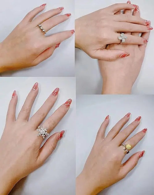 6Pcs Fidget Anxiety Spinner Ring Adjustable Open Ring Cubic Zirconia Windmill Bead Stress Relief Stackable Rings Silver Tone