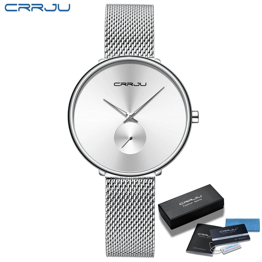 Montres pour femmes CRRJU, montre élégante ultra-fine pour femmes, cadeau pour dames, montre-bracelet argentée, montre à quartz étanche, montre femme