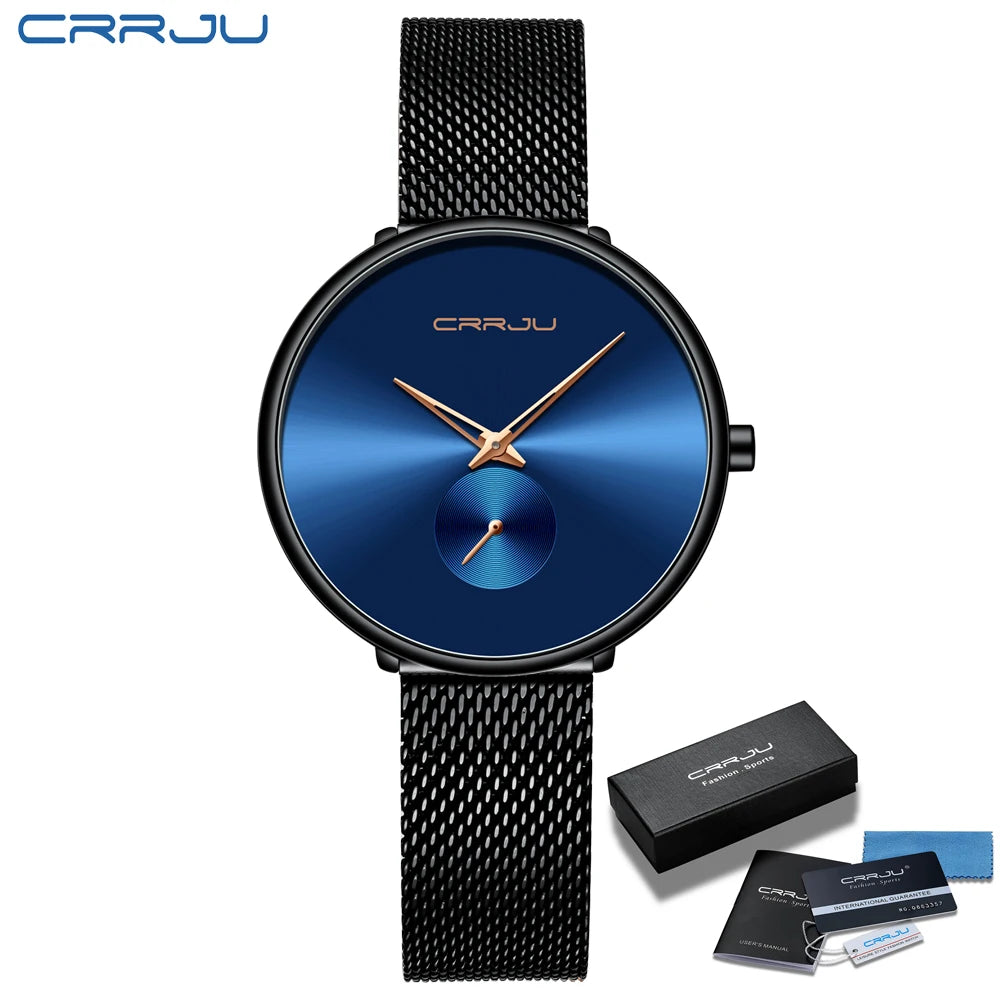 Montres pour femmes CRRJU, montre élégante ultra-fine pour femmes, cadeau pour dames, montre-bracelet argentée, montre à quartz étanche, montre femme