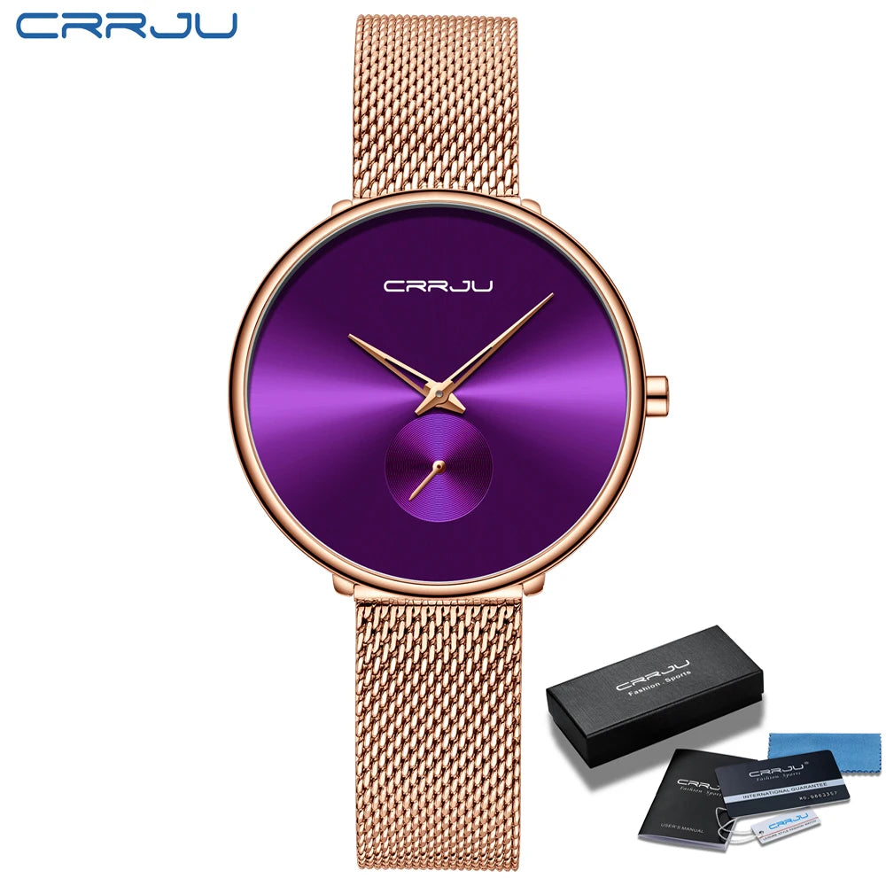 Montres pour femmes CRRJU, montre élégante ultra-fine pour femmes, cadeau pour dames, montre-bracelet argentée, montre à quartz étanche, montre femme