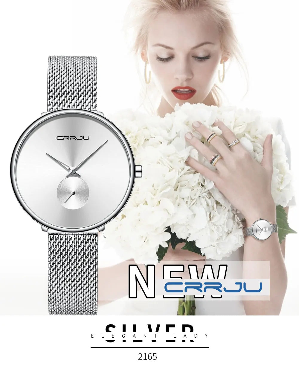 Montres pour femmes CRRJU, montre élégante ultra-fine pour femmes, cadeau pour dames, montre-bracelet argentée, montre à quartz étanche, montre femme