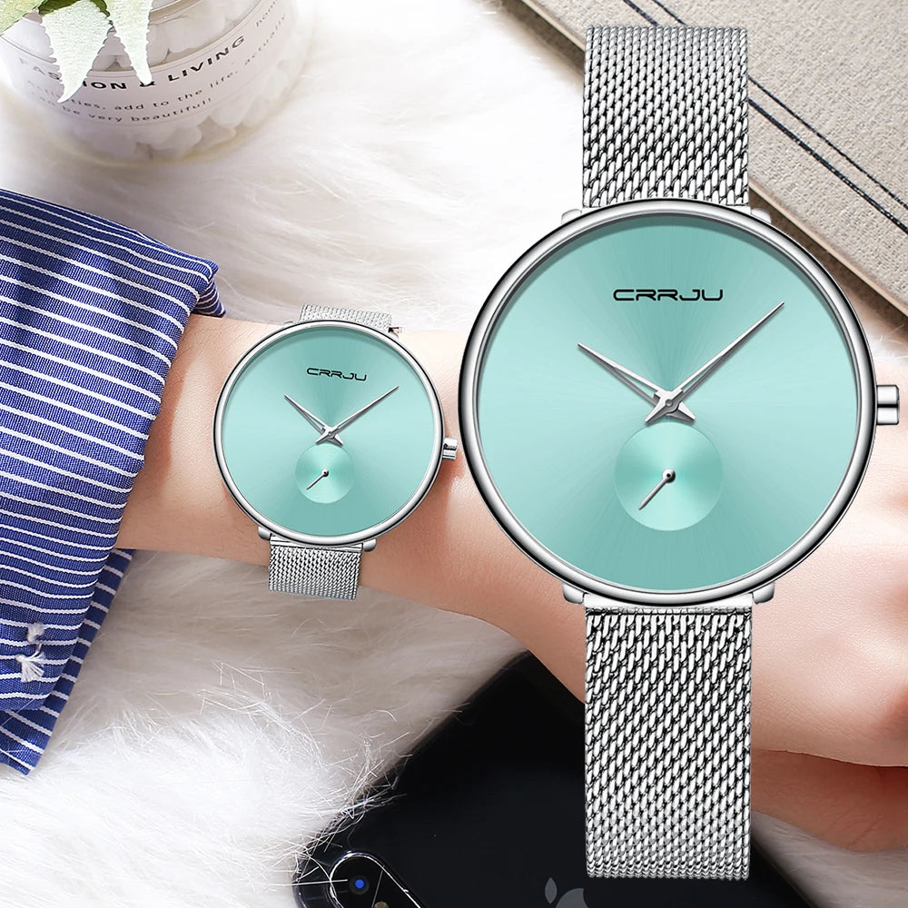 Montres pour femmes CRRJU, montre élégante ultra-fine pour femmes, cadeau pour dames, montre-bracelet argentée, montre à quartz étanche, montre femme