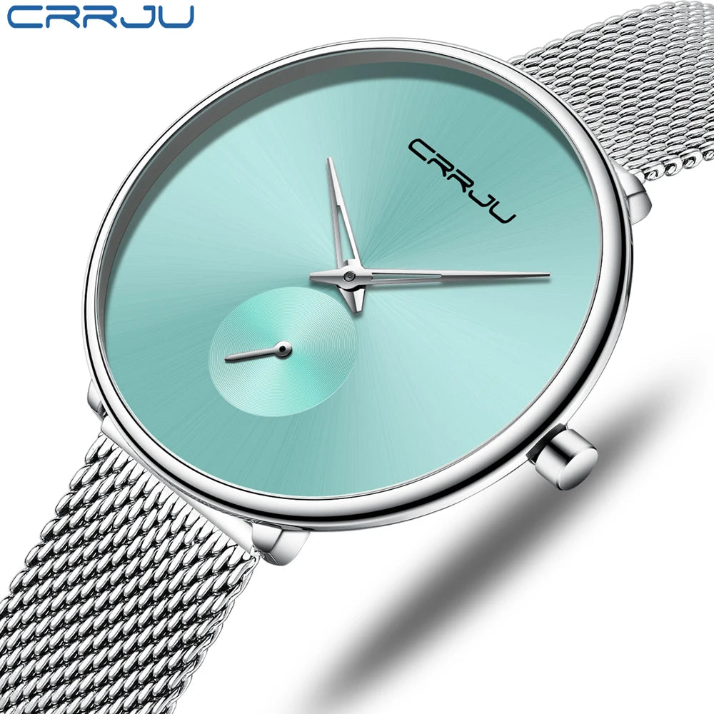 Montres pour femmes CRRJU, montre élégante ultra-fine pour femmes, cadeau pour dames, montre-bracelet argentée, montre à quartz étanche, montre femme