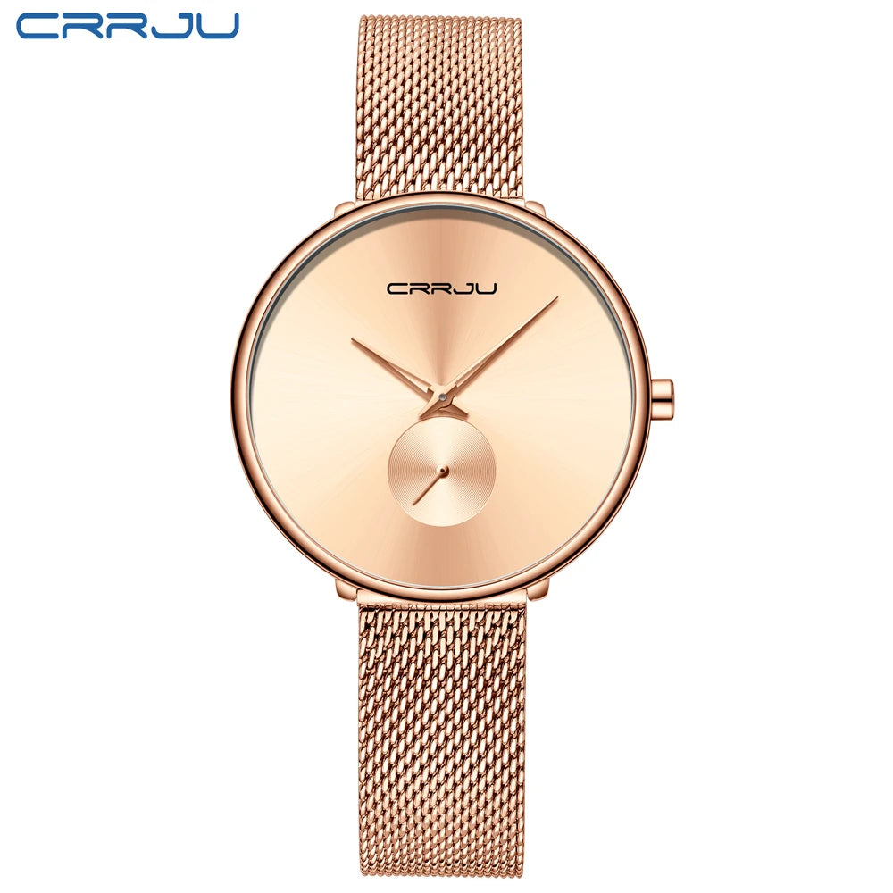 Montres pour femmes CRRJU, montre élégante ultra-fine pour femmes, cadeau pour dames, montre-bracelet argentée, montre à quartz étanche, montre femme