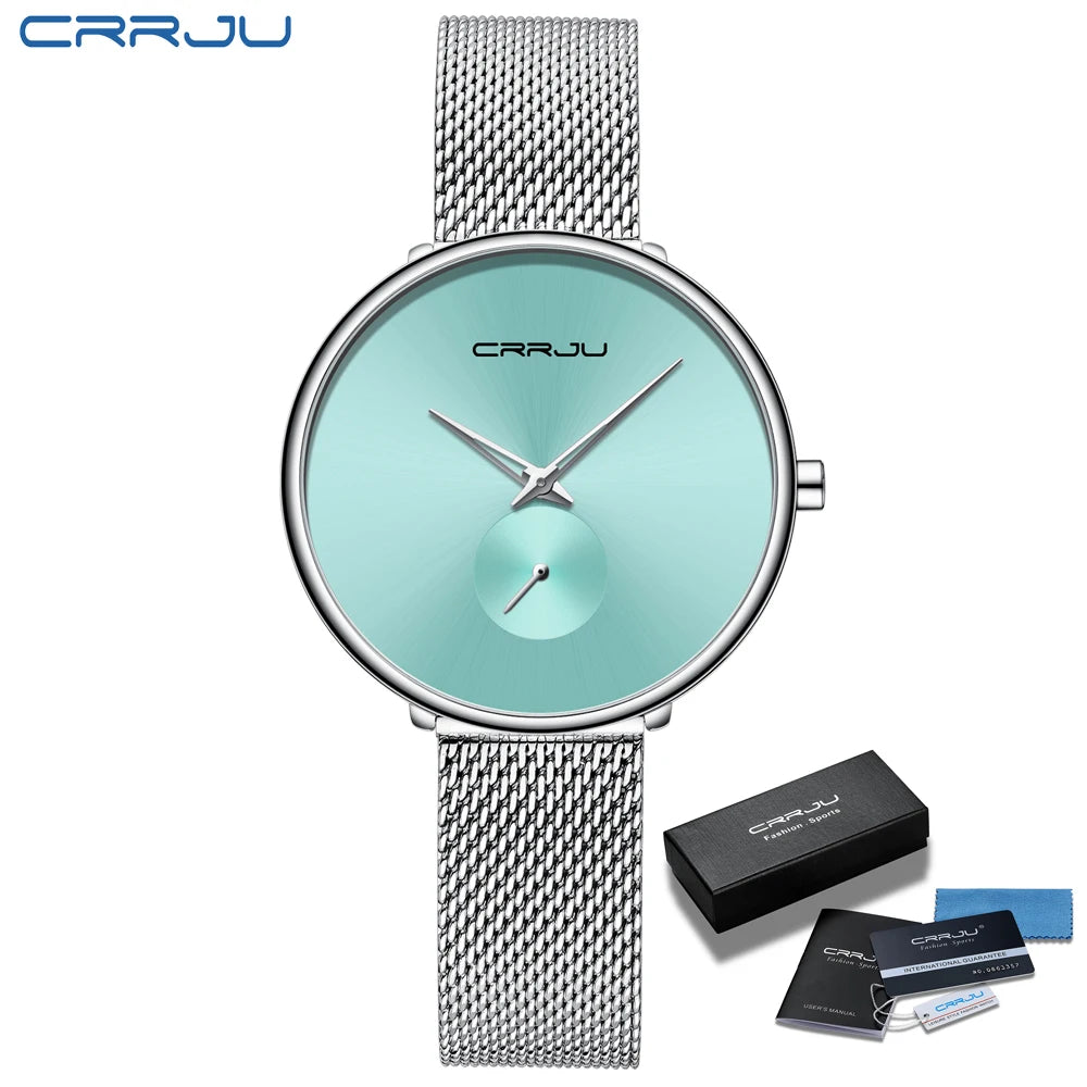 Montres pour femmes CRRJU, montre élégante ultra-fine pour femmes, cadeau pour dames, montre-bracelet argentée, montre à quartz étanche, montre femme