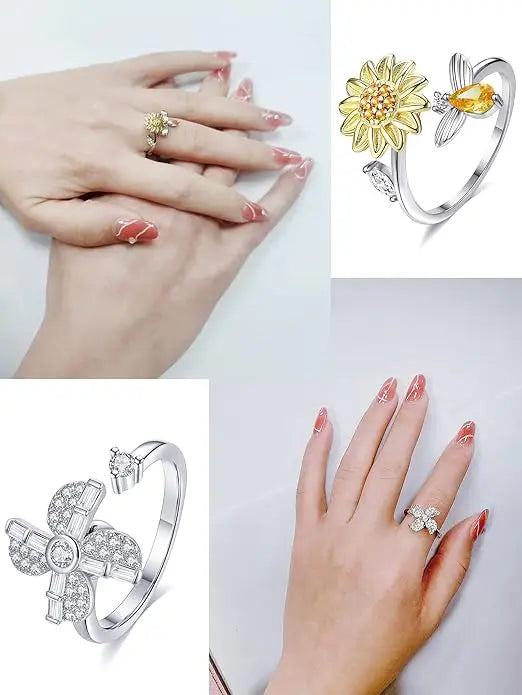 6Pcs Fidget Anxiety Spinner Ring Adjustable Open Ring Cubic Zirconia Windmill Bead Stress Relief Stackable Rings Silver Tone