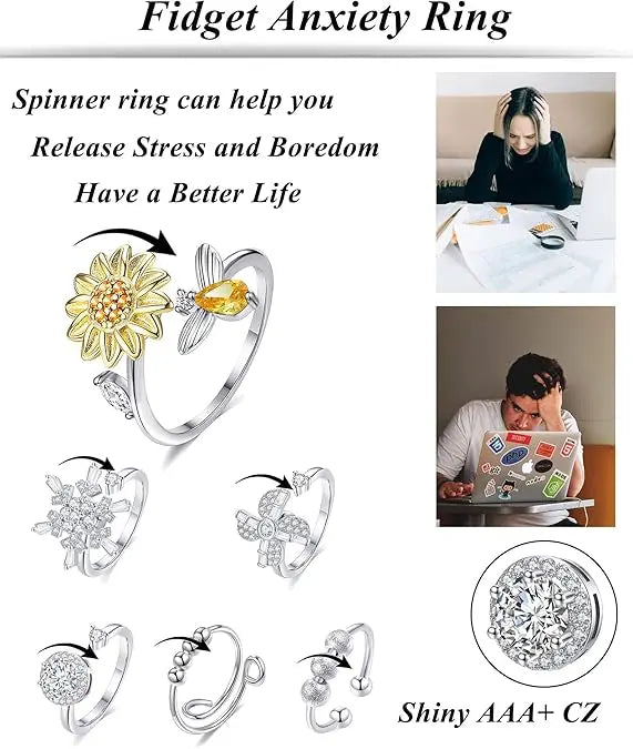 6Pcs Fidget Anxiety Spinner Ring Adjustable Open Ring Cubic Zirconia Windmill Bead Stress Relief Stackable Rings Silver Tone