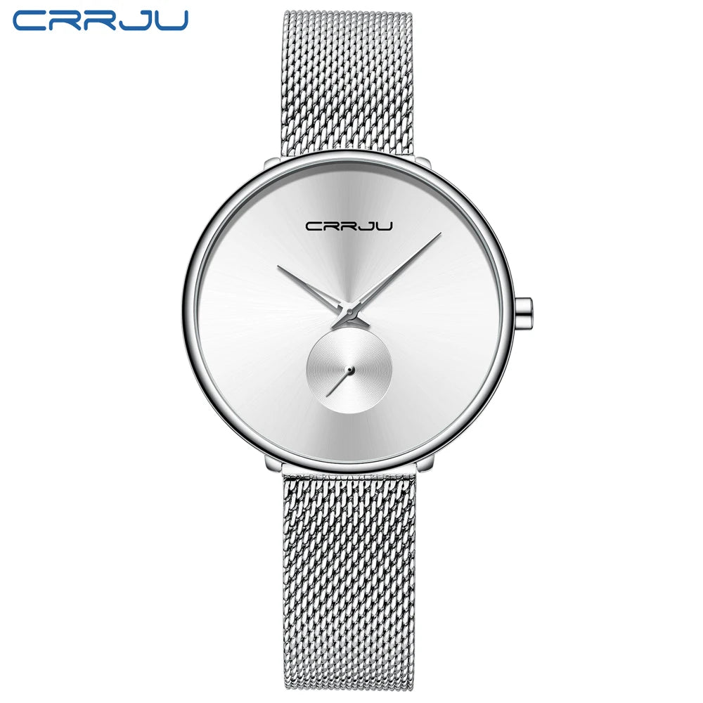 Montres pour femmes CRRJU, montre élégante ultra-fine pour femmes, cadeau pour dames, montre-bracelet argentée, montre à quartz étanche, montre femme