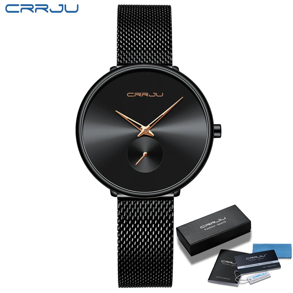 Montres pour femmes CRRJU, montre élégante ultra-fine pour femmes, cadeau pour dames, montre-bracelet argentée, montre à quartz étanche, montre femme