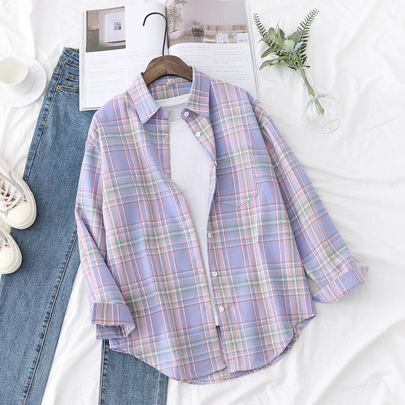 2025 nouvelle mode lâche femmes chemise à carreaux frais collège Style Design Blouses et hauts à manches longues décontracté femme à carreaux vêtements