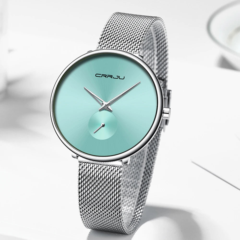 Montres pour femmes CRRJU, montre élégante ultra-fine pour femmes, cadeau pour dames, montre-bracelet argentée, montre à quartz étanche, montre femme