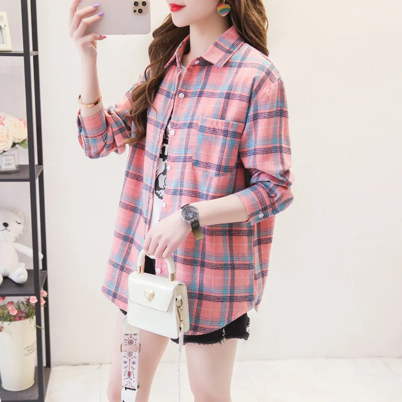 2025 nouvelle mode lâche femmes chemise à carreaux frais collège Style Design Blouses et hauts à manches longues décontracté femme à carreaux vêtements