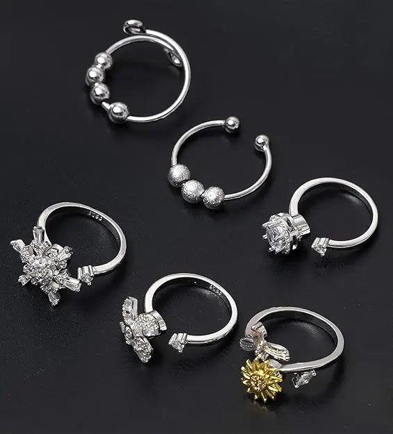6Pcs Fidget Anxiety Spinner Ring Adjustable Open Ring Cubic Zirconia Windmill Bead Stress Relief Stackable Rings Silver Tone
