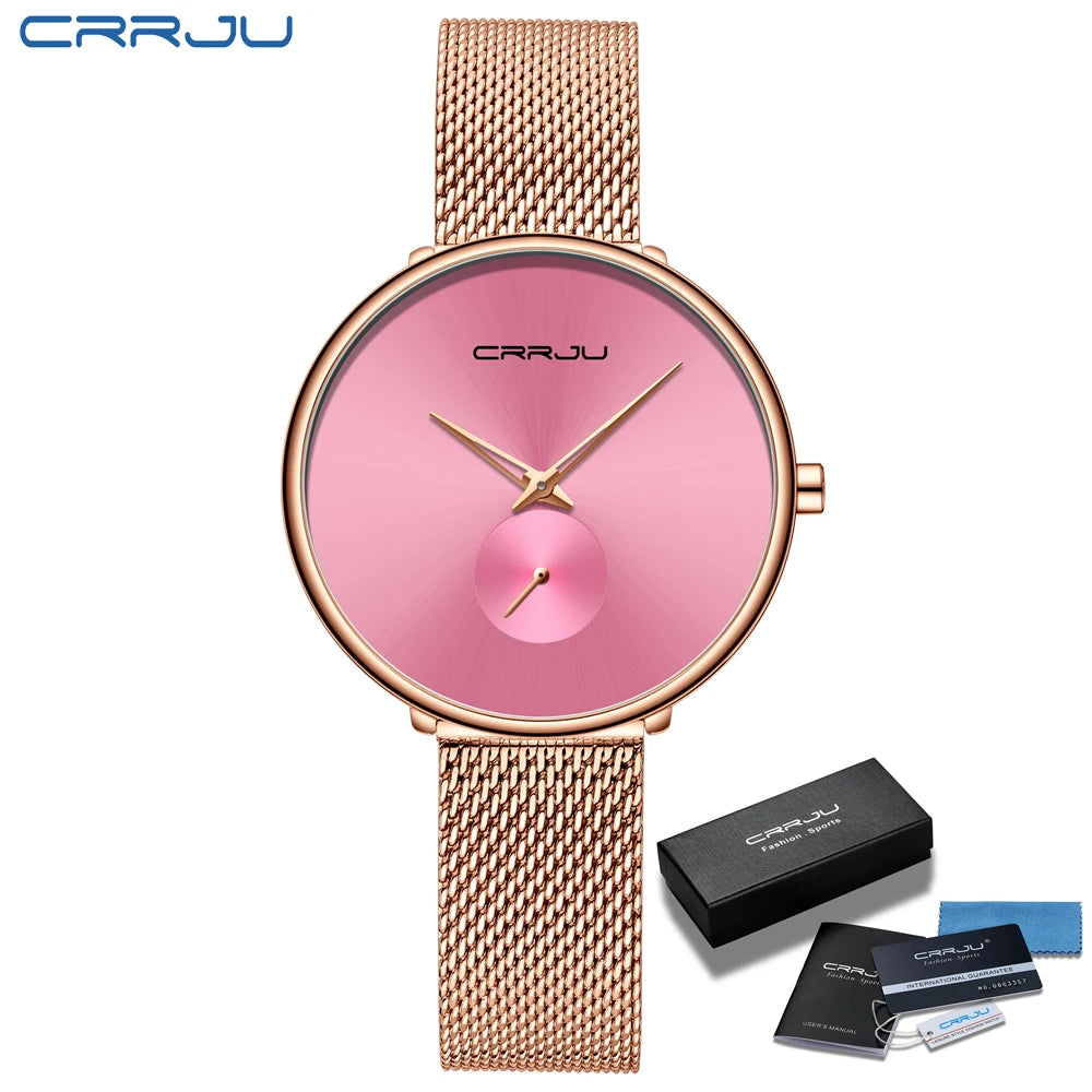 Montres pour femmes CRRJU, montre élégante ultra-fine pour femmes, cadeau pour dames, montre-bracelet argentée, montre à quartz étanche, montre femme