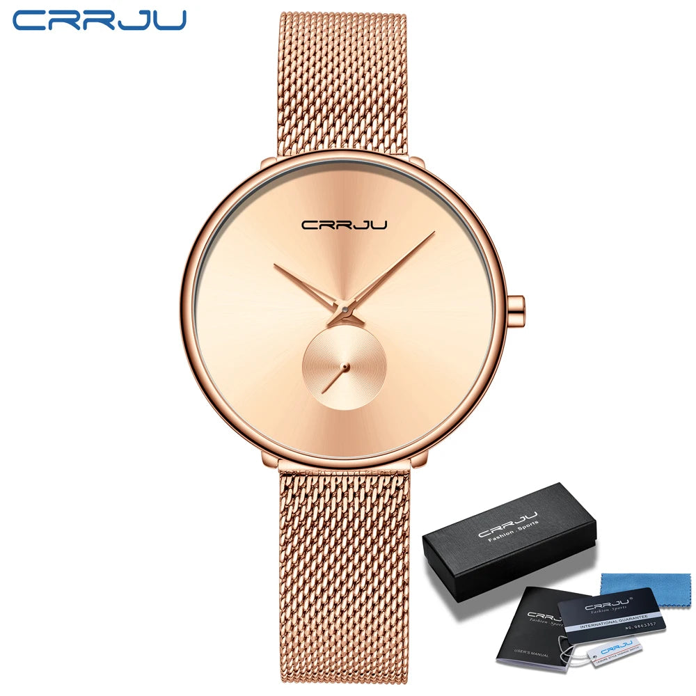 Montres pour femmes CRRJU, montre élégante ultra-fine pour femmes, cadeau pour dames, montre-bracelet argentée, montre à quartz étanche, montre femme