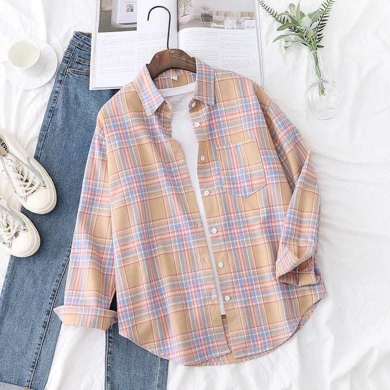2025 nouvelle mode lâche femmes chemise à carreaux frais collège Style Design Blouses et hauts à manches longues décontracté femme à carreaux vêtements