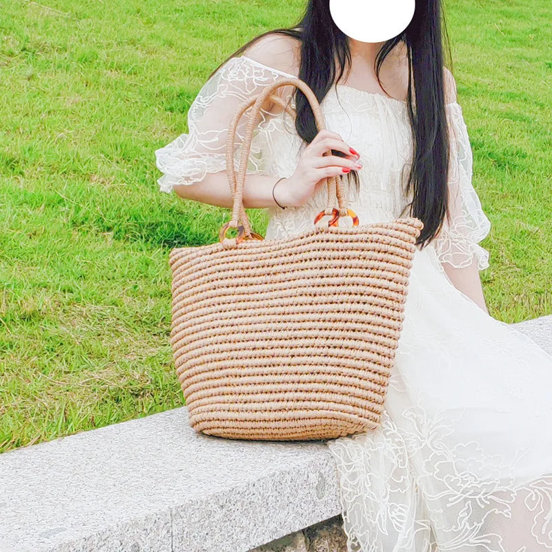 Sacs à main bohème d'été en paille pour femmes, sac de plage de grande capacité, sac à bandoulière, panier de shopping tissé, fourre-tout