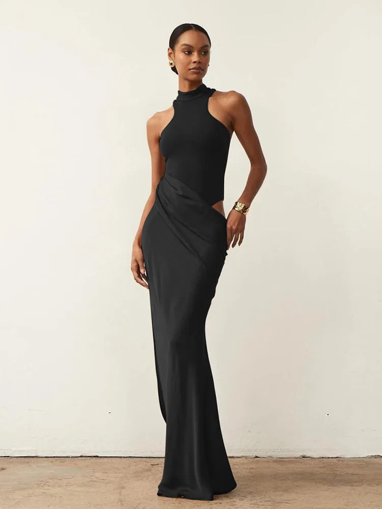 JULISSA MO Satin Sexy évider femmes robe Maxi noir sans manches taille haute robe femme automne maigre élégant fête Clubwear