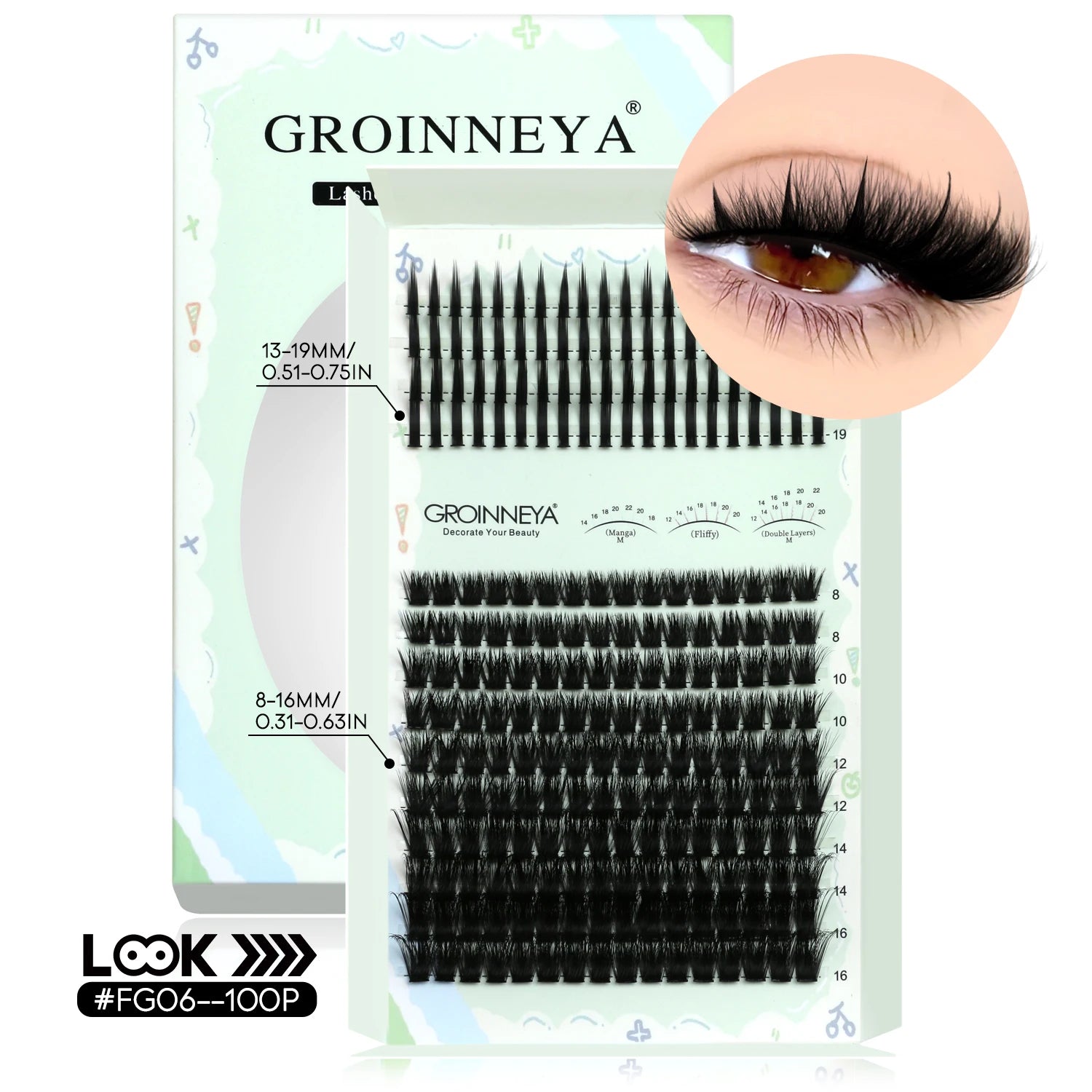 GROINNEYA Kit de grappes de cils pointes cils individuels grappes de cils Kit de grappes de cils D-curly avec maquillage de liaison et de joint
