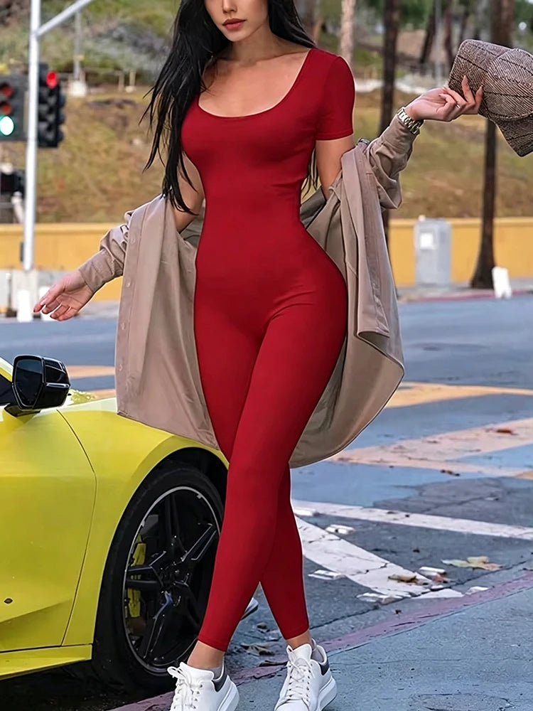 Barboteuse à manches courtes pour femmes, couleur unie, slim, batterie con, combinaisons, sport, fitness, décontracté, activité, streetwear, salopette