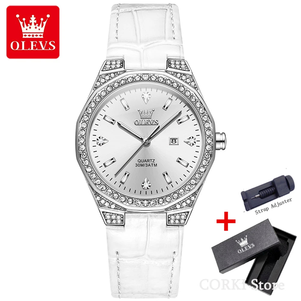 OLEVS 5606 montres de luxe pour femmes diamant tour bracelet en cuir étanche lumineux dames montre-bracelet montre à Quartz pour les femmes Relogio