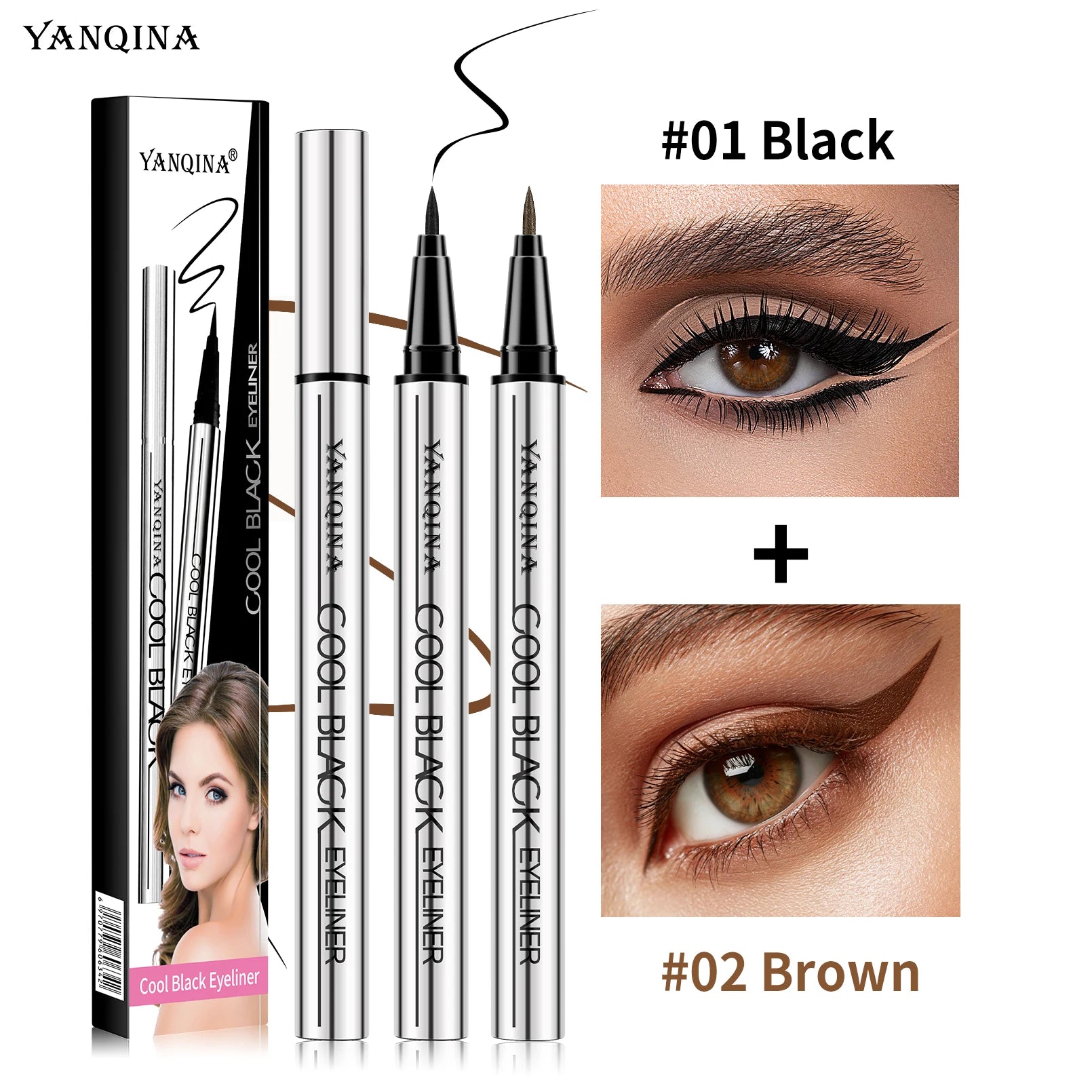 Stylo Eyeliner Liquide Imperméable — Noir & Marron, Longue Durée Sans Bavures