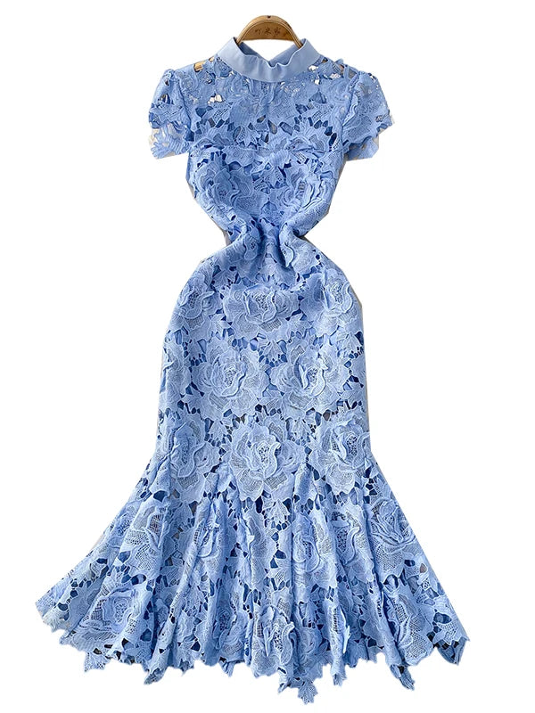Nouvelle Robe Longue d'Été pour Femme, Style Coréen, Col Montant, Taille Haute, Coupe Ajustée, Effet Amincissant, Manches Courtes en Dentelle, Coupe Sirène, Idéale pour le Bureau