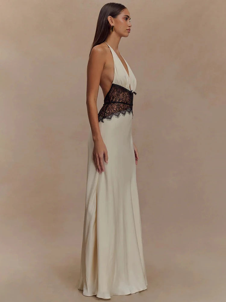 Mozision été dos nu Sexy robe Maxi femmes robe Patchwork dentelle licou col en V profond sans manches taille haute élégante robe longue