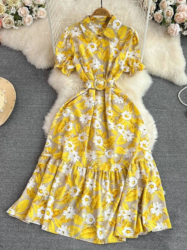 Robe midi rétro à col bulle, coupe ajustée, imprimé floral, manches courtes, style coréen, taille haute, pour femme, idéale pour le quotidien