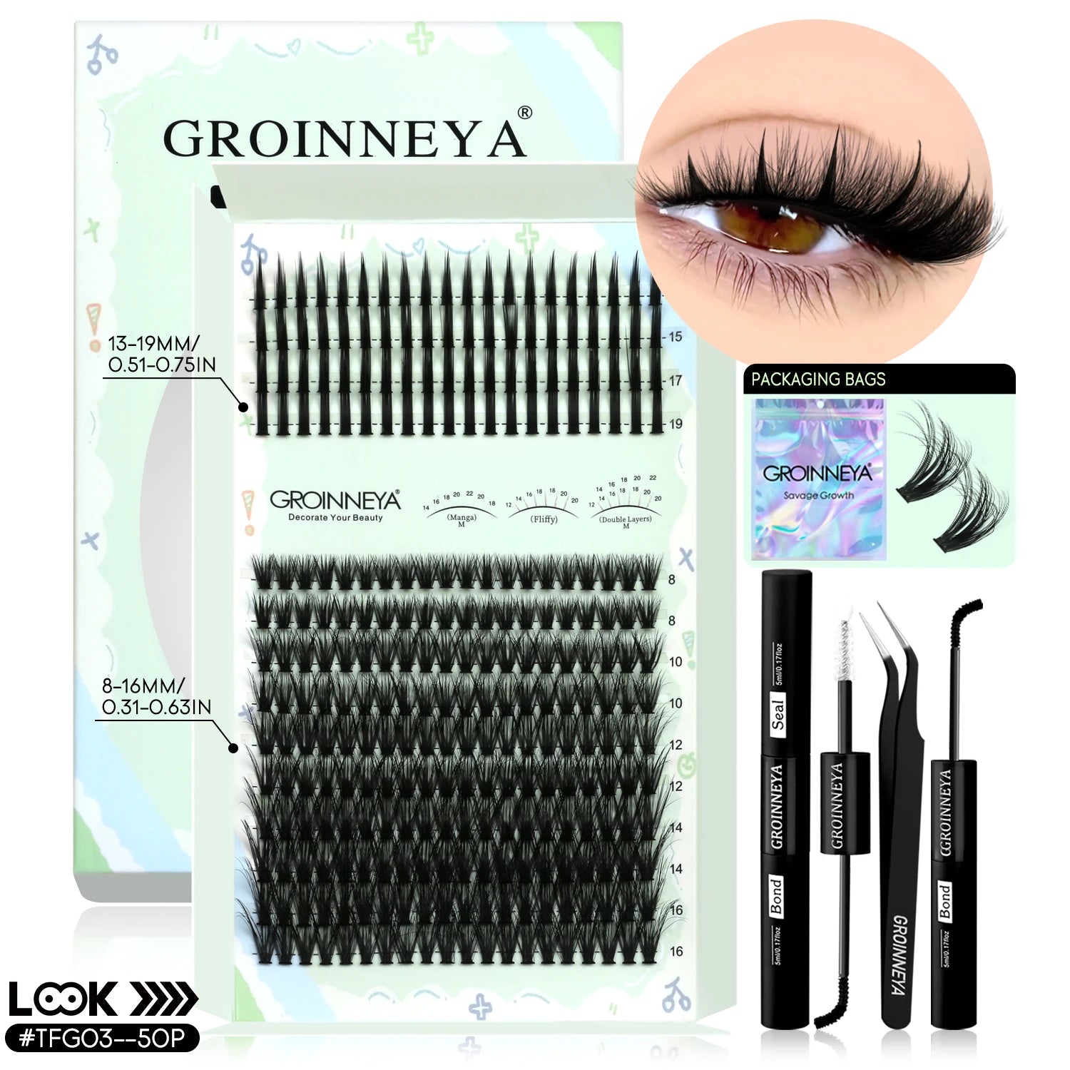 GROINNEYA Kit de grappes de cils pointes cils individuels grappes de cils Kit de grappes de cils D-curly avec maquillage de liaison et de joint