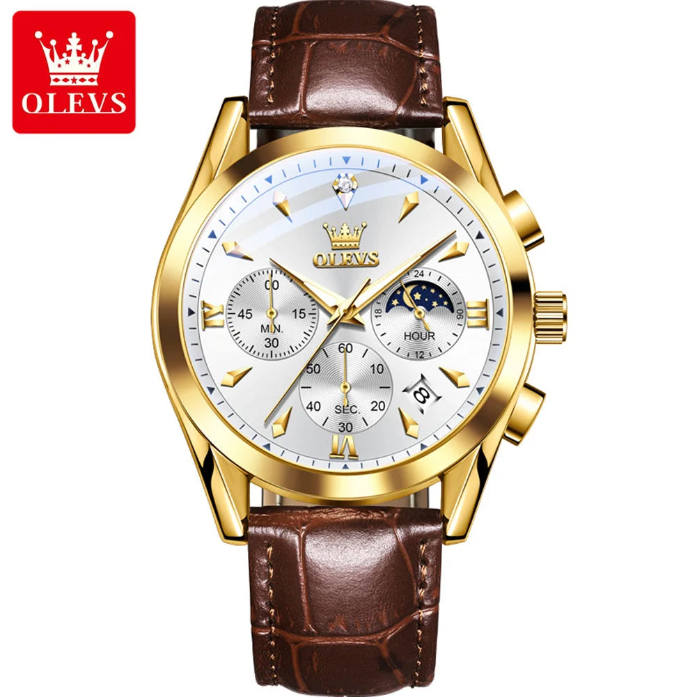 OLEVS 3609 Original Phase de lune chronographe montre pour hommes en cuir étanche lumineux luxe Quartz hommes montres Reloj Mujer
