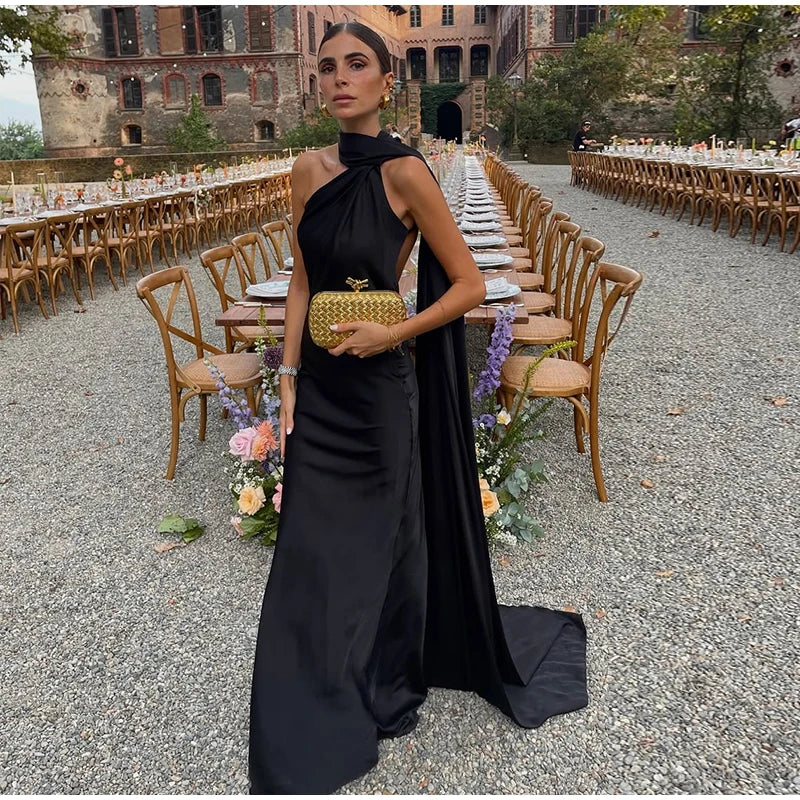 Robe élégante à col licou pour femmes, couleur unie, épaules dénudées, sans manches, dos nu, Slim, Maxi, Robes de soirée, été, automne, 2025