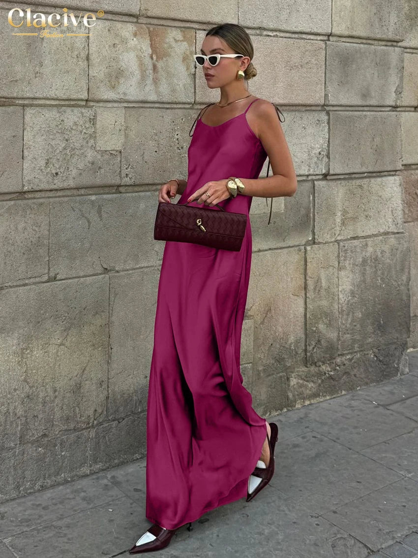 ClacMarkets-Robe en satin marron pour femme, bretelles, longueur au sol, sexy, dos nu, été 2025