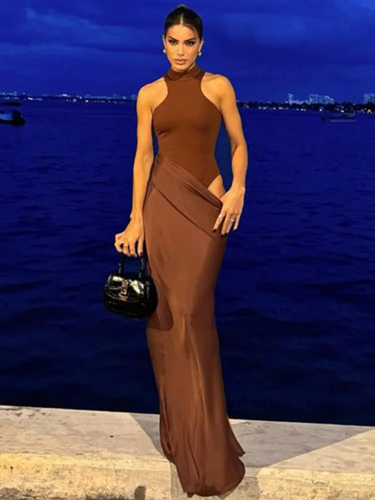 JULISSA MO Satin Sexy évider femmes robe Maxi noir sans manches taille haute robe femme automne maigre élégant fête Clubwear