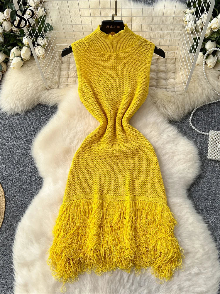 SINGREINY américain Hotsweet robe moulante sans manches Design en fourrure 2025 été Style Simple femmes vacances tricot longue robe
