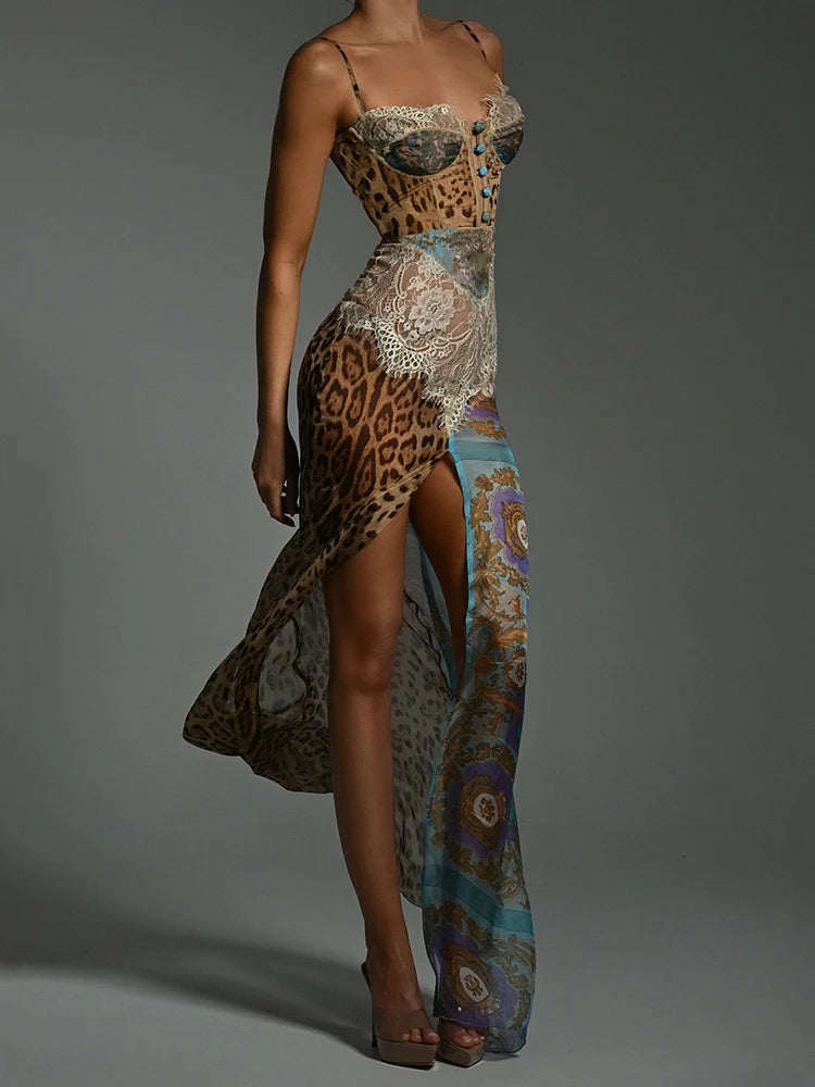 Mozision imprimé léopard dentelle fendu Sexy robe Maxi femmes robe élégante Patchwork en mousseline de soie sans manches dos nu plage robe de soirée