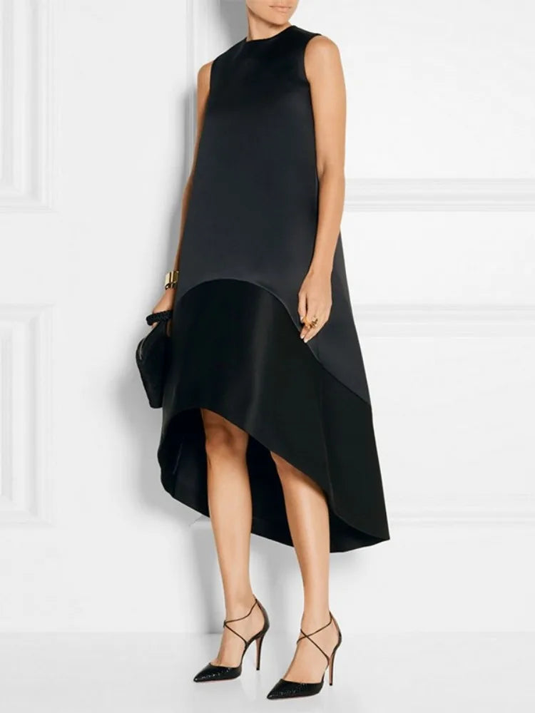 Robe Midi Yeezzi pour Femme, Élégante, Noire, Patchwork, Asymétrique, Sans Manches, Col Rond, Nouvelle Collection Été 2026, pour Soirées et Cérémonies