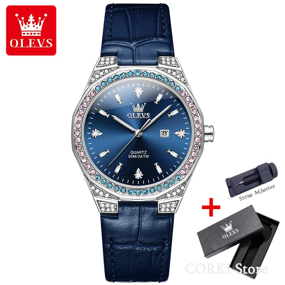 OLEVS 5606 montres de luxe pour femmes diamant tour bracelet en cuir étanche lumineux dames montre-bracelet montre à Quartz pour les femmes Relogio