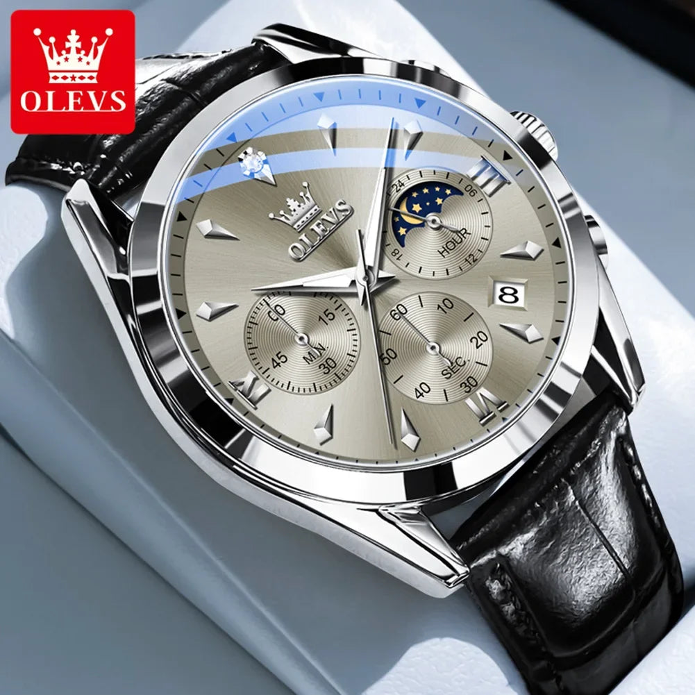 OLEVS 3609 Original Phase de lune chronographe montre pour hommes en cuir étanche lumineux luxe Quartz hommes montres Reloj Mujer