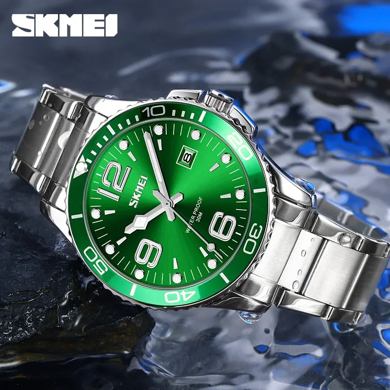 SKMEI 9278 luxe en acier inoxydable heure semaine Date horloge montre à Quartz pour hommes Sport étanche montres hommes Reloj Hombre