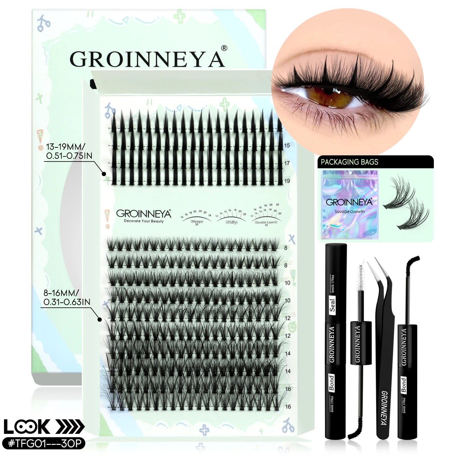 GROINNEYA Kit de grappes de cils pointes cils individuels grappes de cils Kit de grappes de cils D-curly avec maquillage de liaison et de joint