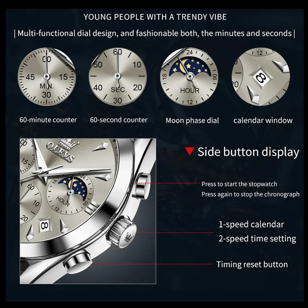 OLEVS 3609 Original Phase de lune chronographe montre pour hommes en cuir étanche lumineux luxe Quartz hommes montres Reloj Mujer
