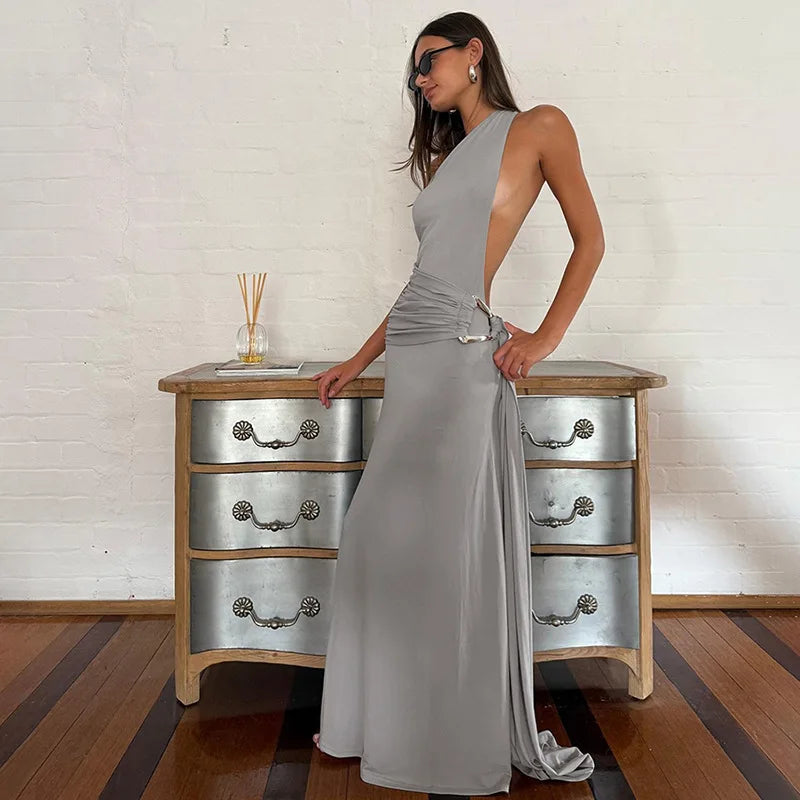 DSMTRC – Robe longue à bandes, asymétrique épaule dénudée, couleur unie, Sexy, pour femmes, fête d'été, sans manches, dos nu, anneaux métalliques
